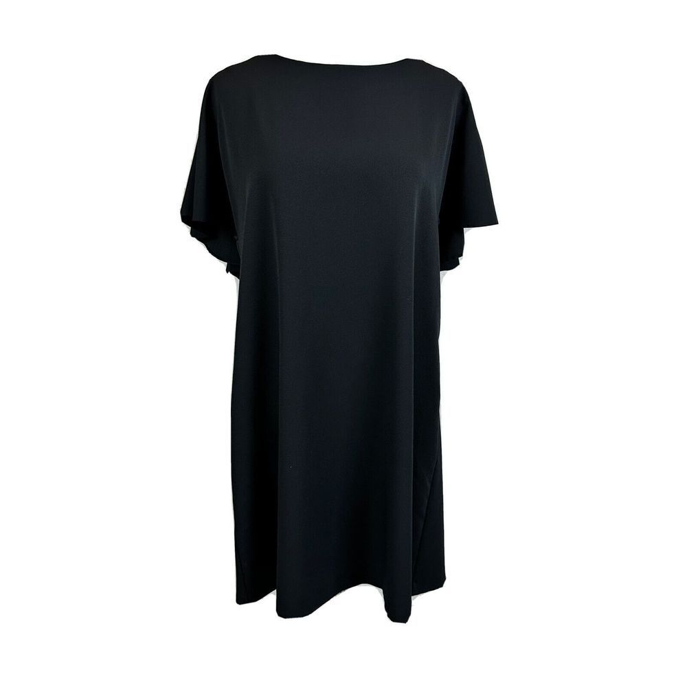 Zara women's black ruffle neckline shift dress deep v-back size L
